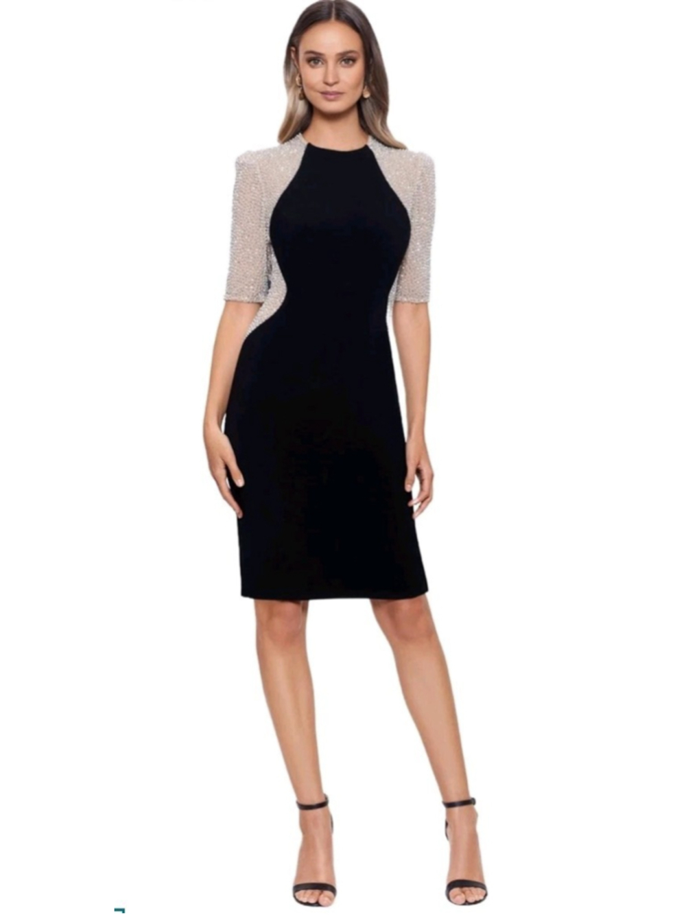 Xscape Women Black Knee-Length Embellished Beaded Sleeve Fitted Dress Size 8